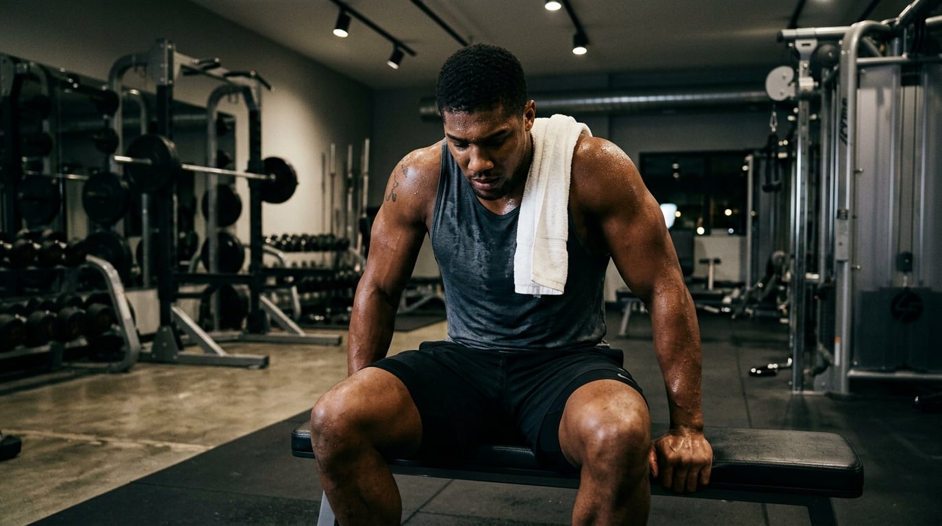 Exhausted male athlete sitting in a weight room after an intense workout, sweating heavily