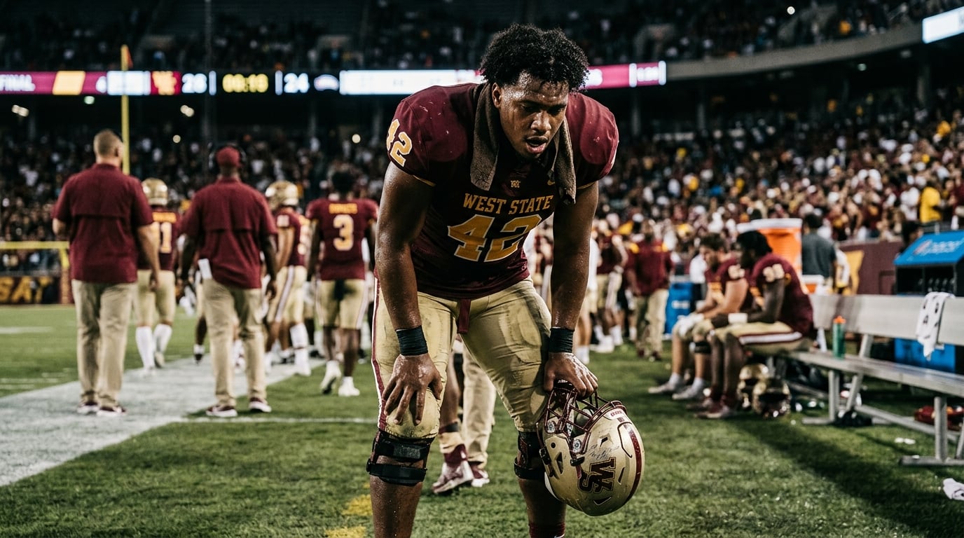 Exhausted football player bent over after an intense game, visibly drained and sweating