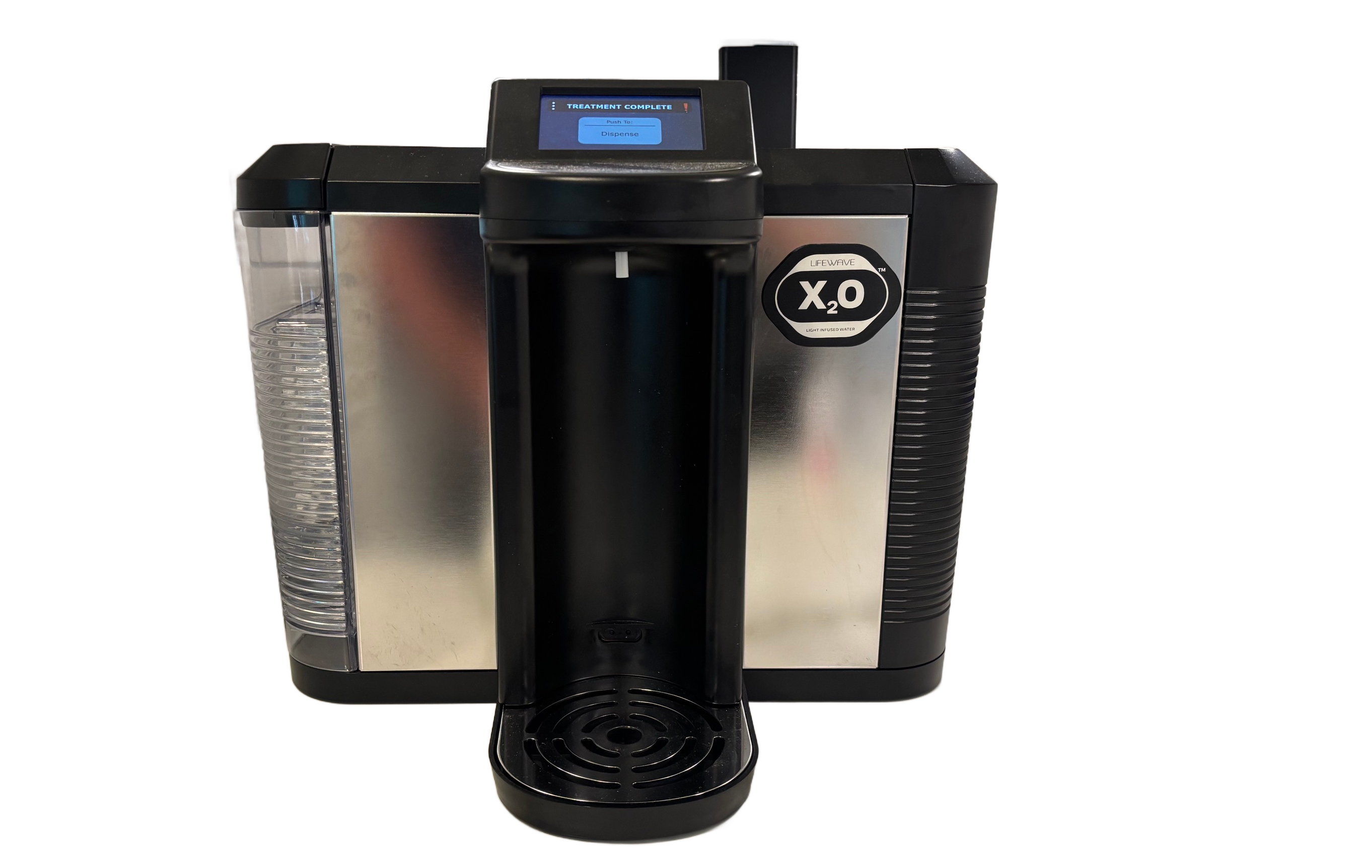 LifeWave X2O Light-Infused Water Machine — front view showing touch screen display, 2L reservoir, and patented light processing technology